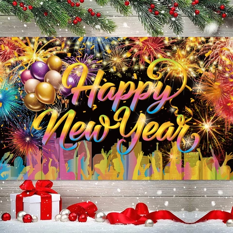 Bannière De Fond Bonne Année Polyester Feu d'Artifice Ballons Décoration De Fête Festive Photographie Murale