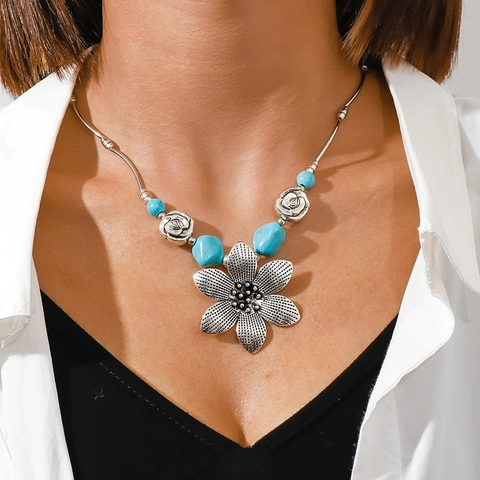 Collana Con Pendente Turchese Etnico Bohémien Lega Vintage Tono Argento Fiore Cuore Gioielli Per Donna