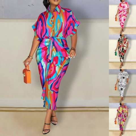 Overhemdjurk Bedrukte Polyester Korte Mouwen Revers Strikceintuur Knoopsluiting Halflang Casual Elegant Dames