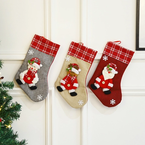 Calza Di Natale Sacchetto Regalo Iuta Flanella Con 3D Babbo Natale Pupazzo Di Neve Renna Polsino A Quadri Decorazione Appendere