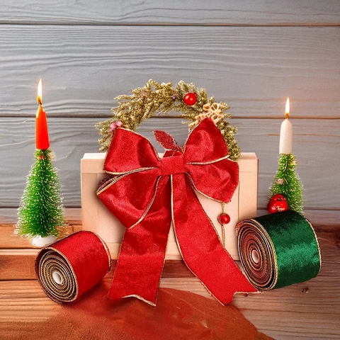 Christmas Velvet Ribbon With Gold Wired Edge Red Green Flocked Ribbon For Gift Wrapping Christmas Tree Decor DIY Craft