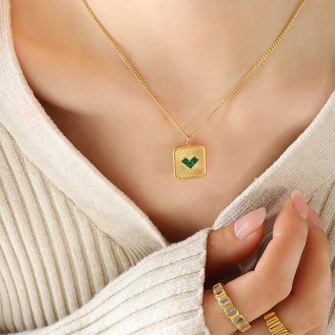 Vintage Stainless Steel Square Heart Pendant Necklace Earrings Jewelry Set Gold Silver Zirconia Green Glass Jewelry For Women Gift