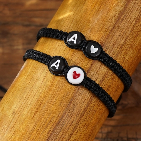 Initial Bracelet Handmade Woven Rope Heart Adjustable Couple Friendship Jewelry Initial Letter Beads Plastic