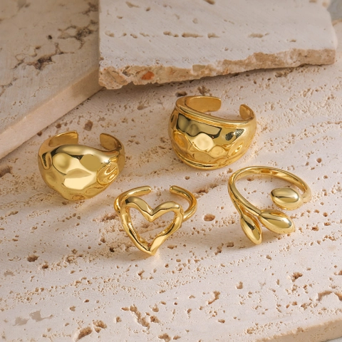 Anelli Regolabili In Rame Placcati Oro Cuore Vuoto Foglia Martellata Retro Minimalista Da Donna