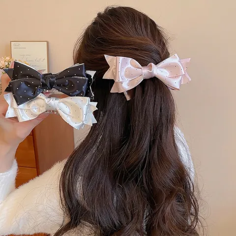 Pinza Para El Pelo Con Lazo De Satén Elegante Lunares Grandes Capas Múltiples Accesorios Vintage Francés Para Mujer