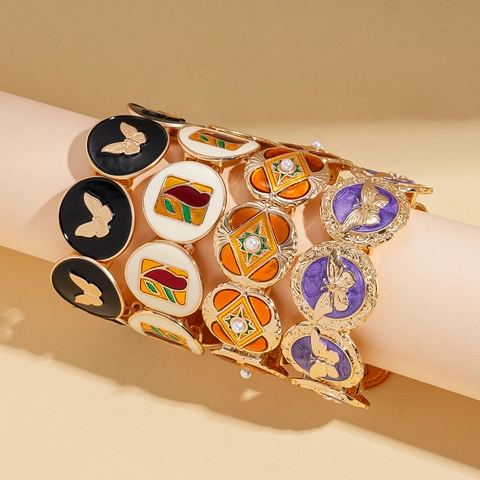 Bracciale Elastico In Lega Smaltata Retro Boho Donne Farfalla Colorata Perla Artificial Sintetica Gioielli Geometrici