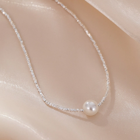 Collar de Plata de Ley 925 con Perla Artificial para Mujer Gargantilla Minimalista Textura de Plata Fragmentada Joyería de Moda