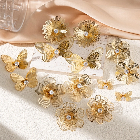 Hollow Flower Butterfly Stud Earrings Gold Plated Copper Alloy Zircon Artificial Pearl Vintage Elegant Accessories For Women