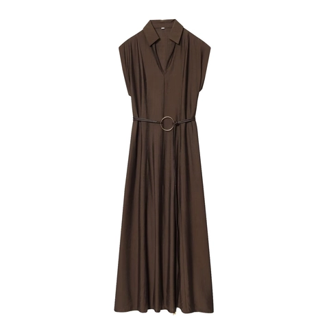 Damen Ärmelloses Maxi Kleid V Ausschnitt Revers Einfarbig Elegantes Langes Drapiertes Kleid Mit Metallring Gürtel