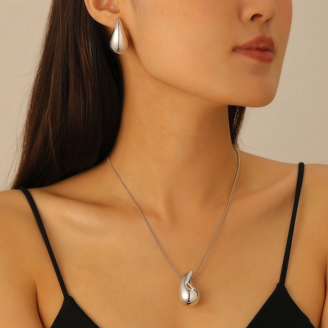 Joyas Minimalistas de Gota de Agua Collar Y Pendientes de Aleación Colgante de Lágrima Pendientes de Botón Para Mujer Elegante Moda