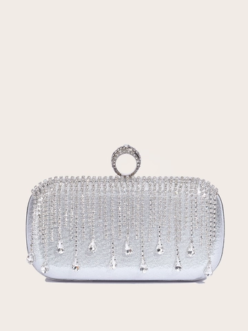 Rhinestone Evening Clutch Bag For Women Wedding Party Hard Shell Handbag With Tassel And Metal Ring Handle Chain Strap