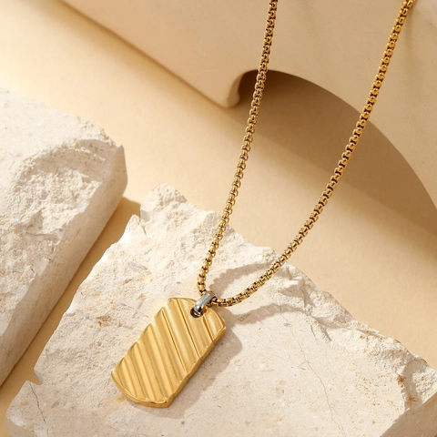 Stainless Steel Striped Texture Rectangle Dog Tag Pendant Necklace For Men Minimalist Military Style Jewelry Gift