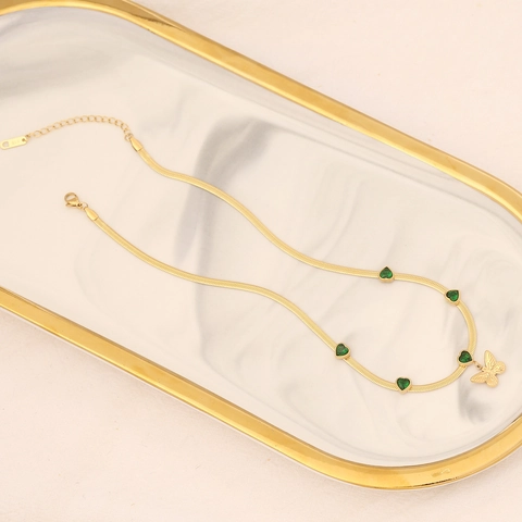 Collana Con Pendente A Cuore E Farfalla In Acciaio Inossidabile Zircone Smeraldo Placcato Oro 18K Per Donna