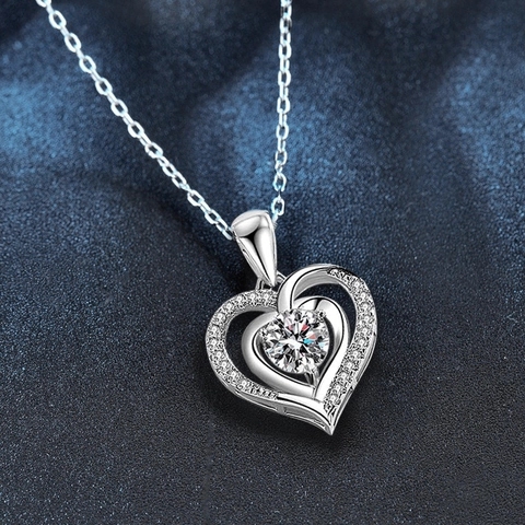 S925 Sterling Silver Heart Moissanite Pendant Necklace With GRA Certificate Elegant White Gold Double Heart Necklace Gift For Women