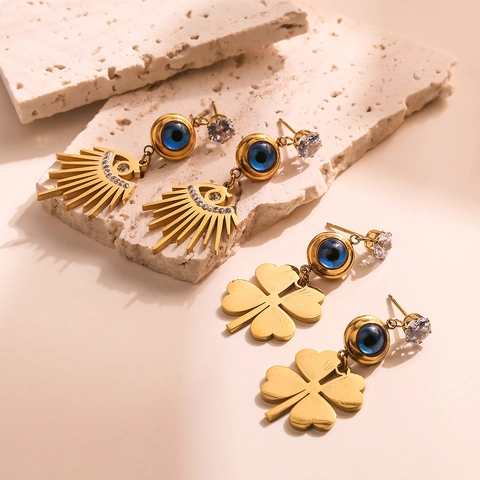 Evil Eye Hängeohrringe Vergoldeter Edelstahl Zirkonia Sonnenstrahl Kleeblatt Anhänger Vintage Schmuck Für Damen