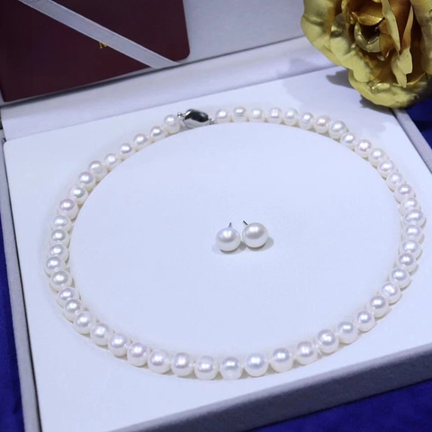 Elegante Süßwasserperlen Halskette Und Ohrringe Schmuck Klassische Runde Glänzende Perlen Geschenk Für Mutter Jahrestag Hochzeit