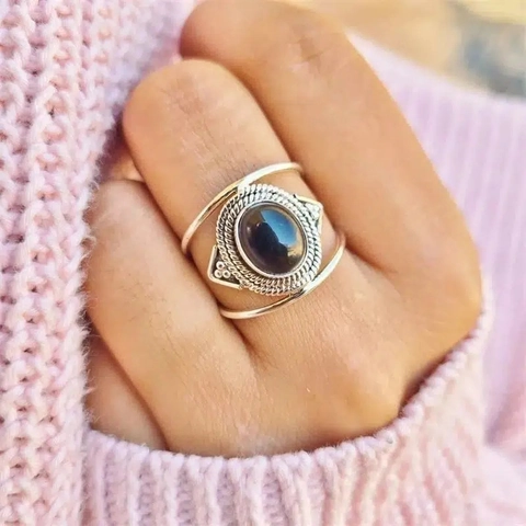 Vintage Bohemian Statement Ring Copper Oval Faux Moonstone Black Agate Twisted Rope Decorative Jewelry Women Retro Style