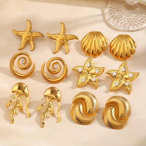 Ocean Sea Shell Starfish Jellyfish Stud Earrings Stainless Steel With Zircon For Women Summer Beach Vacation Jewelry