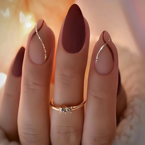 Matte ABS Press On Nails Medium Long Coffin Almond Shape Artificial Fake Nails With Tribal Geometric Lines Fashion Elegant