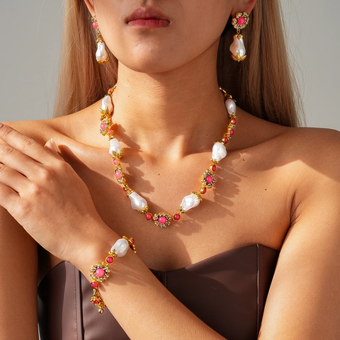 Baroque Imitation Artificial Pearl Jewelry Alloy Rhinestone Pink Flower Necklace Bracelet Earrings Retro Luxury Vintage Style Women