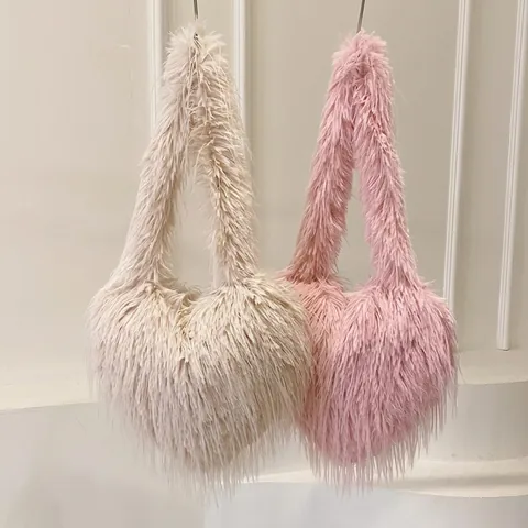 Fashion Heart Shaped Shoulder Bag Plush Faux Fur Solid Color Crossbody Handbag Women Girl Trendy Autumn Winter Soft
