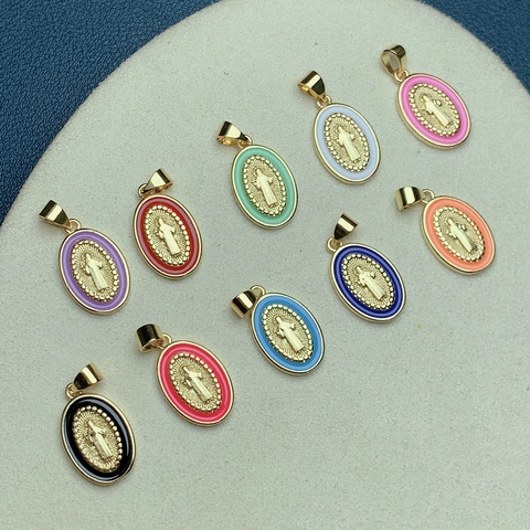 Pendente Religioso Ovale Rame Placcato Oro Con Smalto Colorato Vergine Maria Gesù Charm Per Creazione Di Gioielli Fai Da Te Stile Retrò
