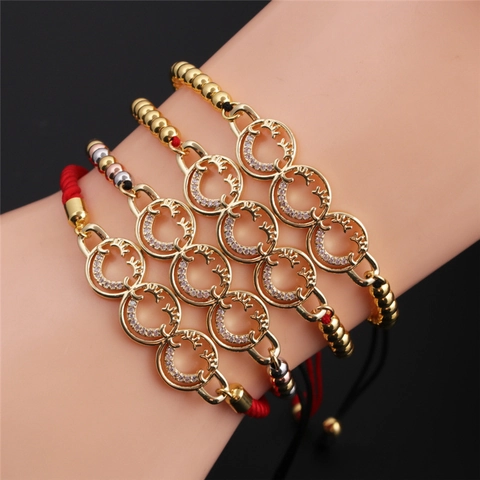 Zierliches Smiley Kupfer Armband Mit Zirkonia Verstellbare Gewebte Kordel Modeschmuck Für Damen