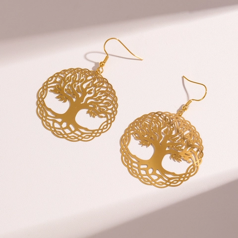 Tree Of Life Hänger Ohrringe Edelstahl Hohl Rund Goldfarben Mode Schmuck Für Damen