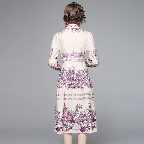 Abito Midi Elegante Da Donna Con Stampa Floreale Manica Lunga Revers Abbottonato Vita Alta Linea A Stile Palazzo Retrò Poliestere
