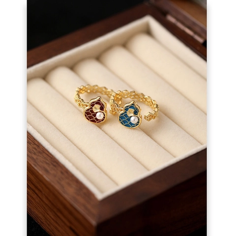 Gourd Öffnet Ring Messing Echt Vergoldet Rot Emaille Künstliche Perle Ginkgo Blatt Neo-Chinesisch Vintage Verstellbar Für Damen
