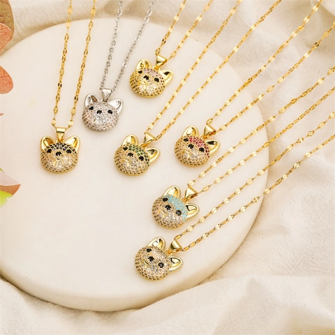 Shiba Inu Dog Head Pendant Necklace Stainless Steel Chain Colorful Zircon Inlay Hip Hop Punk Animal Jewelry For Women Men