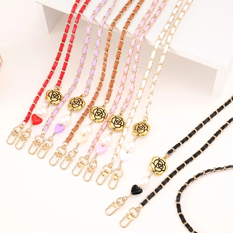 Crossbody Phone Lanyard Metal And Faux Leather Woven Chain Bag Strap Replacement With Flower Heart Artificial Pearl Charms Elegant