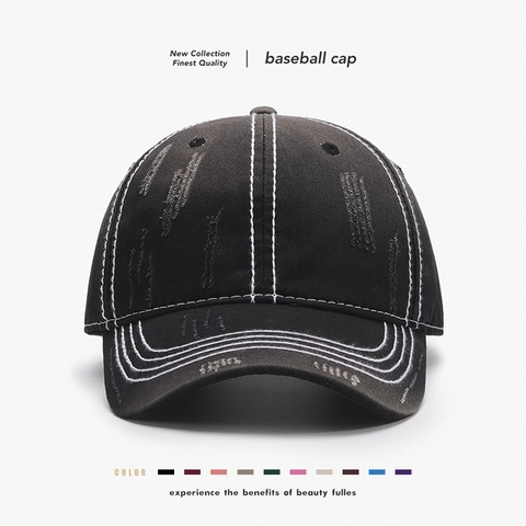 Distressed Cotton Baseball Cap With Contrast White Stitching Ripped Vintage Streetwear Adjustable Sun Hat For Men Women