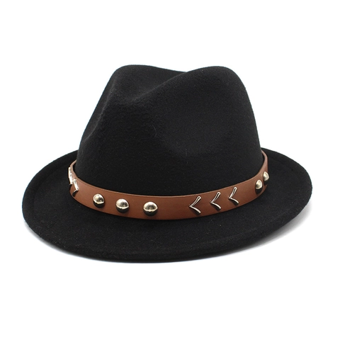 Wool Felt Fedora Hat Vintage Jazz Cap With Riveted Belt And V Metal Buckle For Men Women Retro Western Style