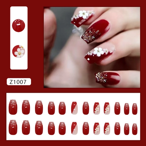 Unghie Finte Press On Bordeaux a Forma di Bara Con Fiori Bianchi 3D Perline Oro Glitter Stile Francese Elegante Donna Festa