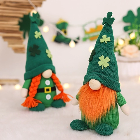 St Patrick's Day Kabouters Groene Ierse Klaver Gebreide Gezichtloze Pluche Poppen Oranje Baard Vlechten Decoratie
