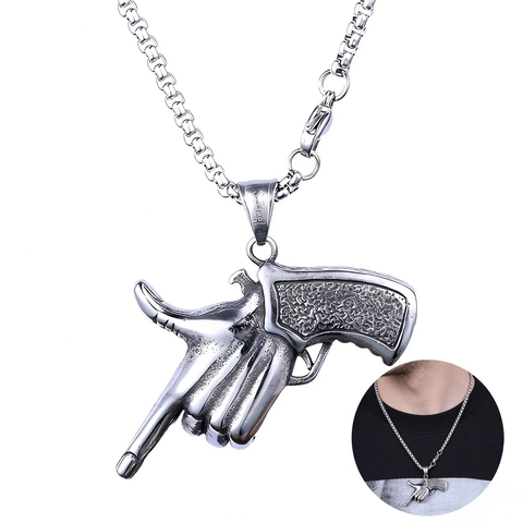 Finger Gun Pendant Necklace Stainless Steel Retro Hip Hop Punk Hand Gesture Pistol Shape Jewelry For Men Women