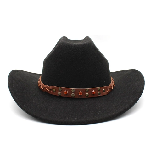 Cappello Da Cowboy Western Vintage Feltro Di Lana Tesa Larga Con Fascia In Pelle Rivetti Gemma Retro Unisex