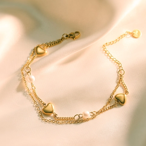 Bracciale Doppio Strato In Acciaio Inossidabile Ciondoli Cuore Stella E Perla Artificial Placcato Oro Gioielli Di Moda Per Donna Elegante