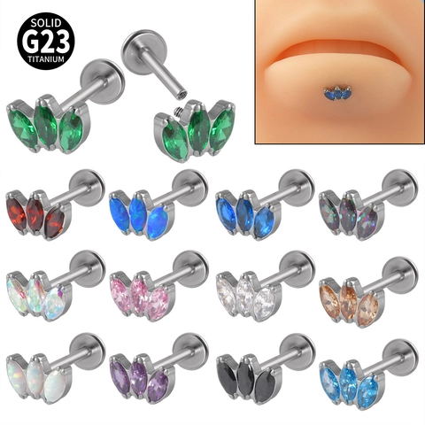 G23 Titane Labret Stud Filetage Interne Marquise Zircon Opale Forme Éventail Bijoux Piercing Cartilage Oreille Tragus Lèvre