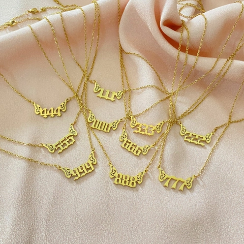 Collar Números Ángel Alas Mariposa Acero Inoxidable Chapado Oro 18K Colgante Suerte Joyería Mujer Estilo Vintage