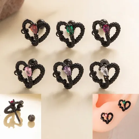 Heart Snake Stud Earrings Stainless Steel Copper Cubic Zirconia Screw Back Cartilage Piercing Jewelry Gothic Punk Style