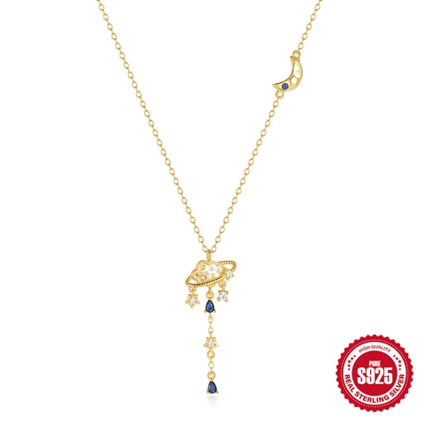 Collar De Plata De Ley 925 Con Colgante De Estrella Luna Planeta Nube Borla De Gota De Agua De Circón Azul Para Mujer