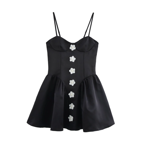 Damen Satin Camisole Minikleid 3D Blumen Dekor Puffig Ärmellos Elegant Süßer Stil
