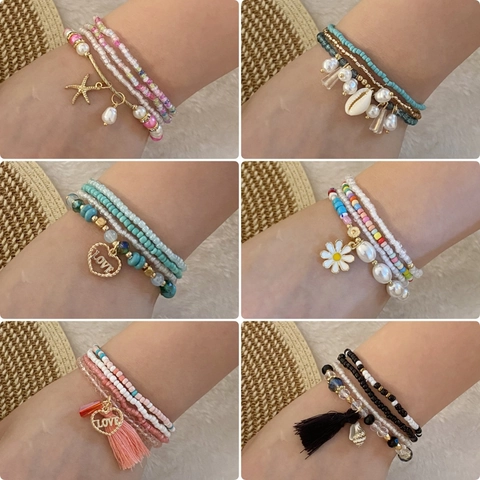 Boho Mehrlagige Glasperlen Armbänder Mit Gänseblümchen Seestern Herz Anhängern Und Quasten Handgefertigter Damen Schmuck
