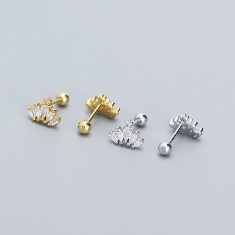 925 Sterling Silver Crown Ear Studs Cubic Zirconia Screw Ball Back Piercing Jewelry Fashion Minimalist Elegant