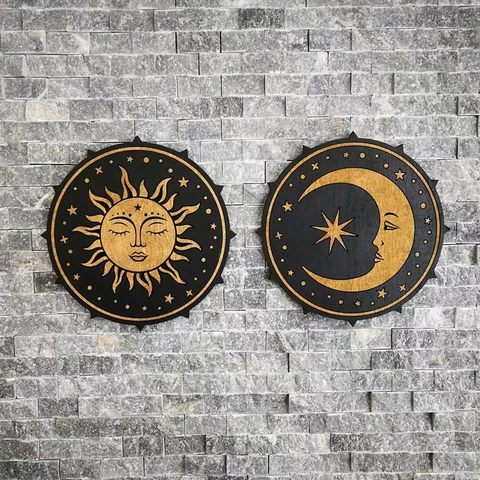 Wooden Sun And Moon Wall Decor Celestial Bohemian Style Carved Laser Cut Art Hanging Ornament For Living Room Home