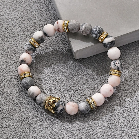 Natural Stone Beaded Bracelet With Alloy Lion Head And Crown Charms Elastic Matte Jewelry For Men