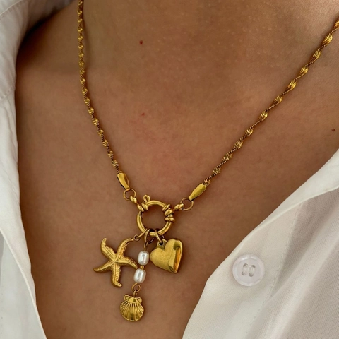 Vintage French Style Starfish Heart Shell Pendant Necklace Women 18K Gold Plated 316L Stainless Steel With Artificial Pearl Charms