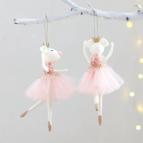 Ornamenti Appesi Natale Topo Ballerina Feltro Bianco Tutù Rosa Corona Dorata Paillettes Decorazione Festa